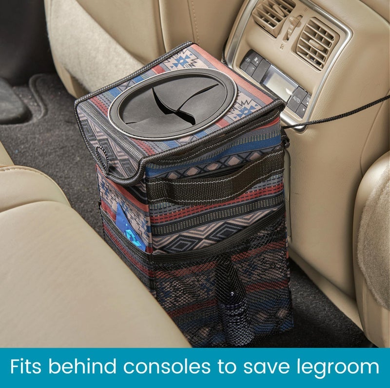 StashAway Heavy Duty Car Trash Can with Rubber Lid, 3 Storage Pockets and Sturdy Panels for Stable Floor or Hanging Seatback Use (Southwest)